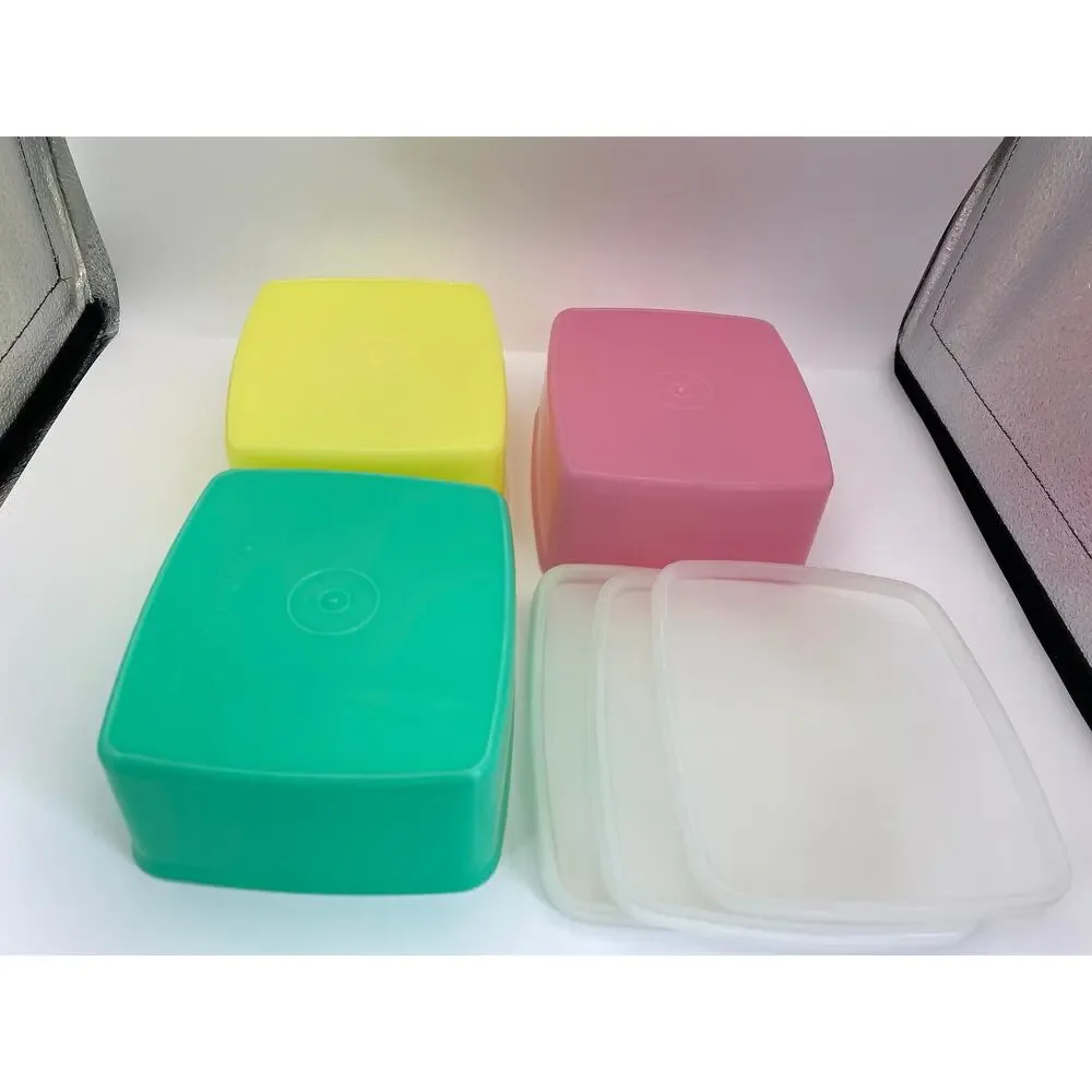 Vintage Tupperware Square Storage Containers #311 Set of 3 Pink Yellow Green